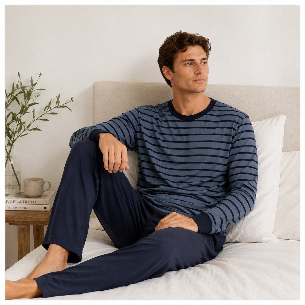 LAKE Pima Cotton Striped Long Sleeve Pajama Top Mens S Blue Loungewear Shirt
